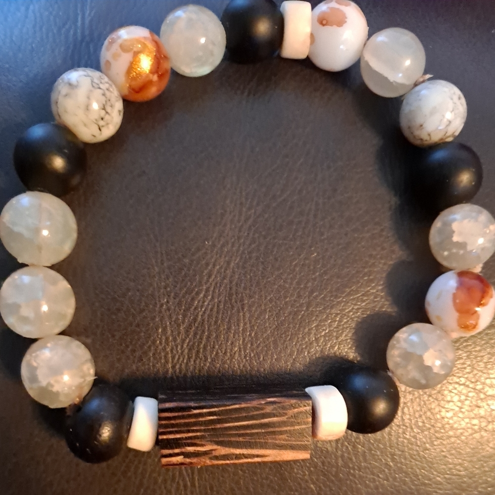 New! Two Mens wood, glass, bone and black onyx/black matte onyx bracelets.